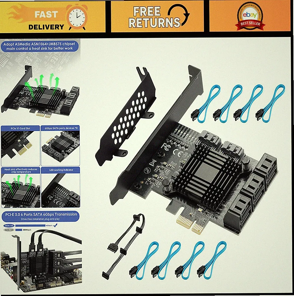8-Port PCIe SATA Expansion Card with 8 Cables & Low Profile Bracket, 6Gbps Contr